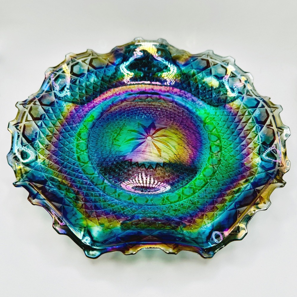 Vintage Indiana Glass Iridescent Diamond Point Blue Carnival Glass Ruffled Bowl